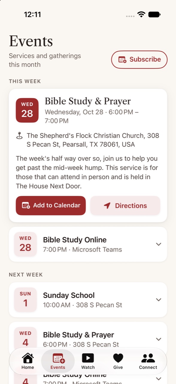 Events screen listing upcoming Bible studies and Sunday School