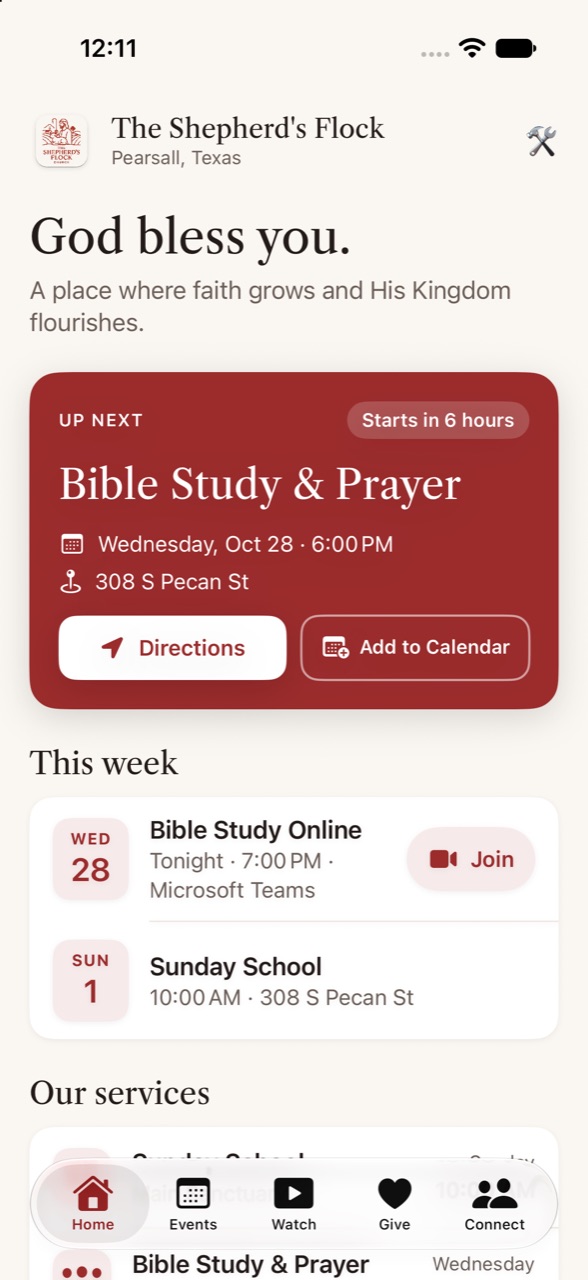 Home screen showing the next service with Directions and Add to Calendar buttons