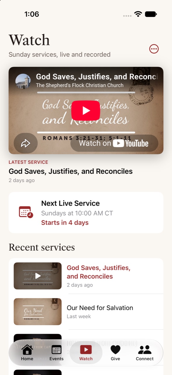 Watch screen with the latest Sunday service video
